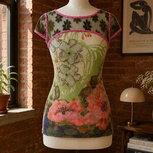 VTG Y2K Floral Mixed‎ Media Mesh Top Polka Dots Wool M Euro Whimsy Boho Eclectic